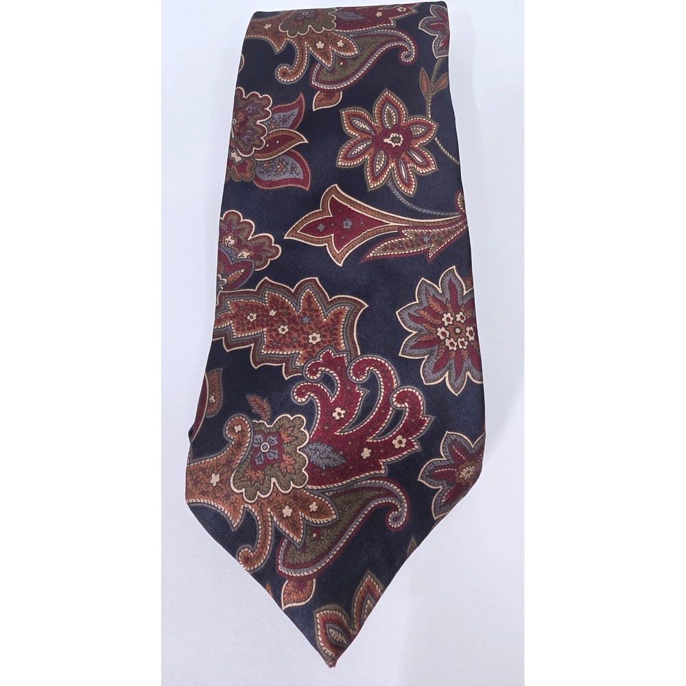 Oscar de la Renta Couture Silk Tie Navy Blue Burgundy Floral Paisley Mens USA